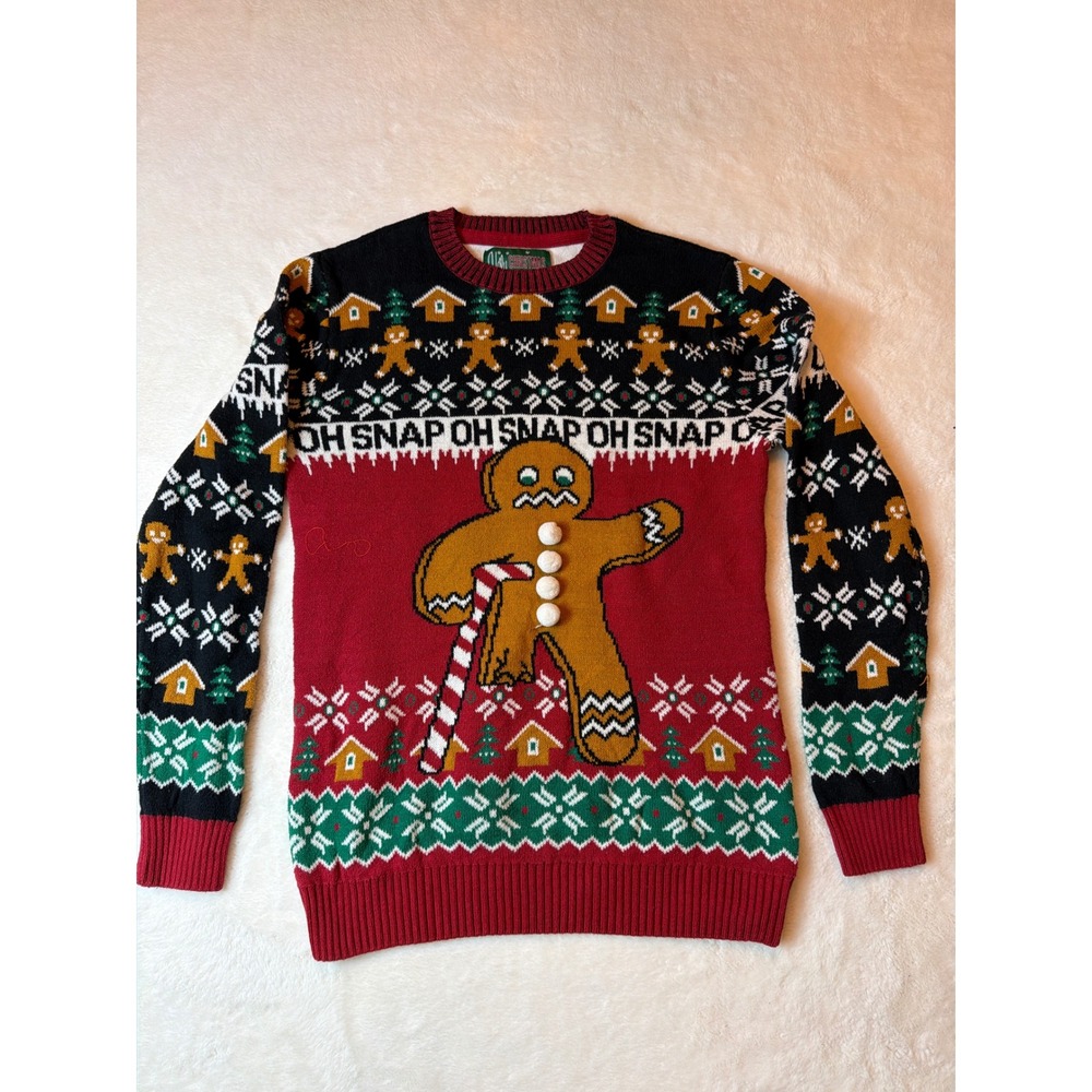 Ugly Christmas Sweater Oh Snap Gingerbread Man Pom Pom Knit Red Mens Medium